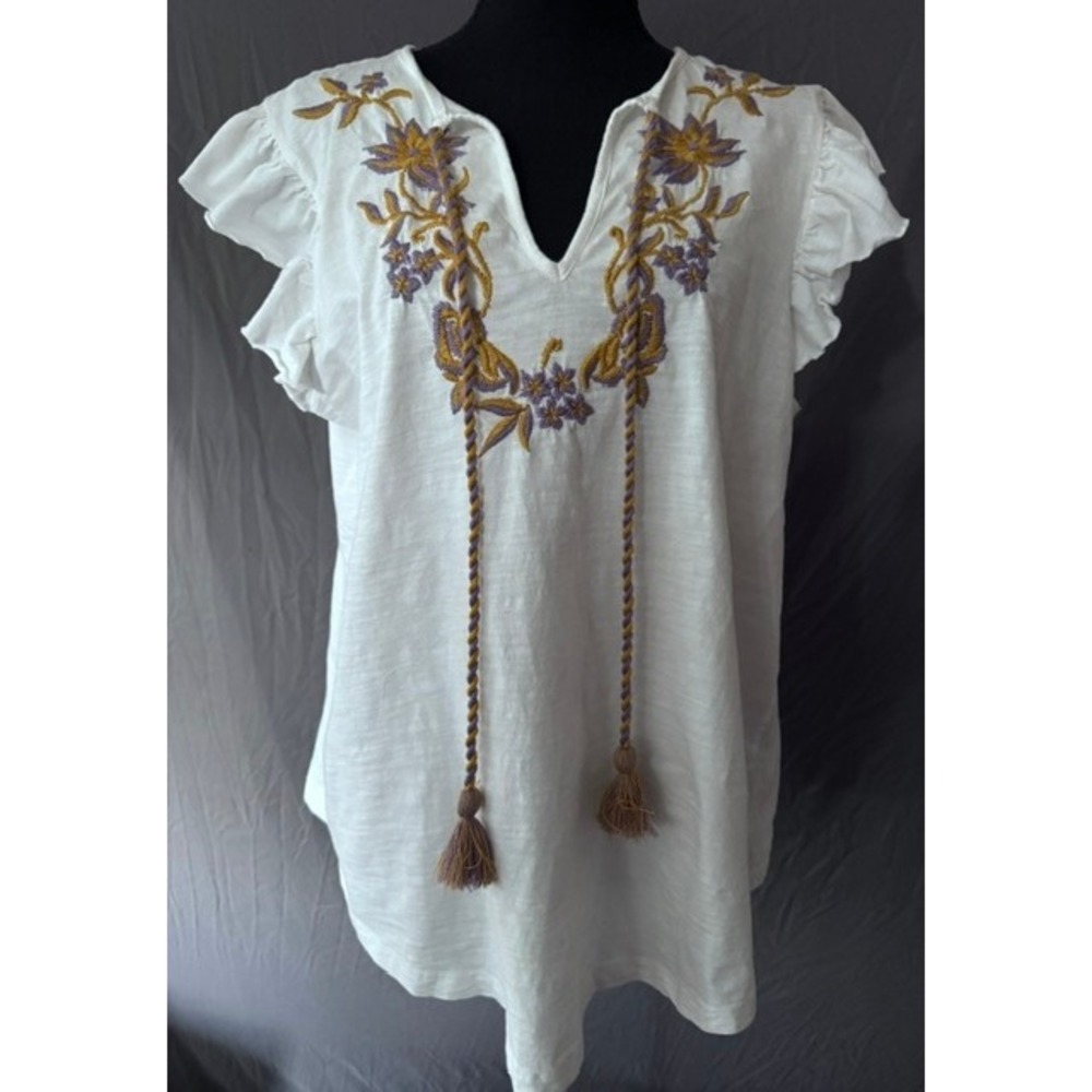 Keep In Touch White Embroidered Tassel Boho Ruffle Sleeve Cotton Top Womens M